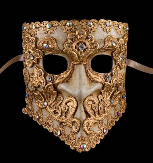 Masque Vénitien Bauta Macramé Masculin Doré – Artisanat Authentique de Venise