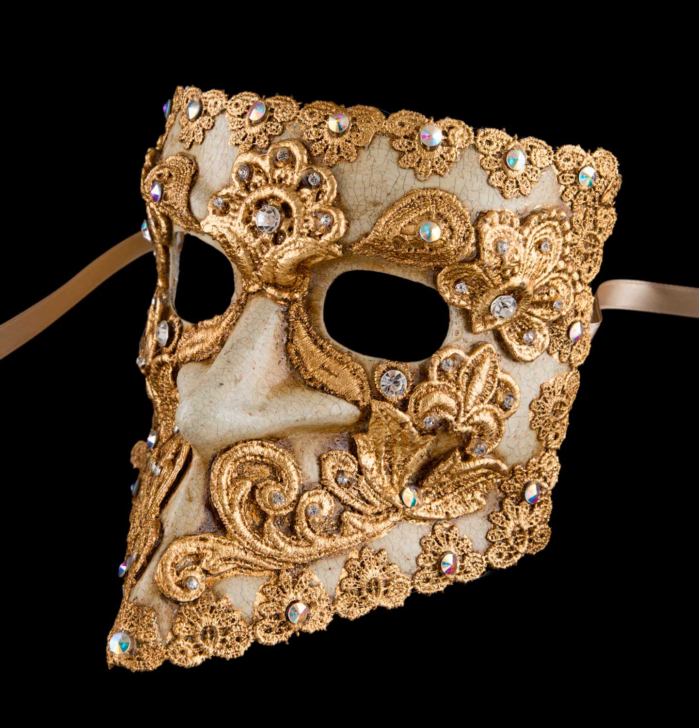 Masque Vénitien Bauta Macramé Masculin Doré – Artisanat Authentique de Venise