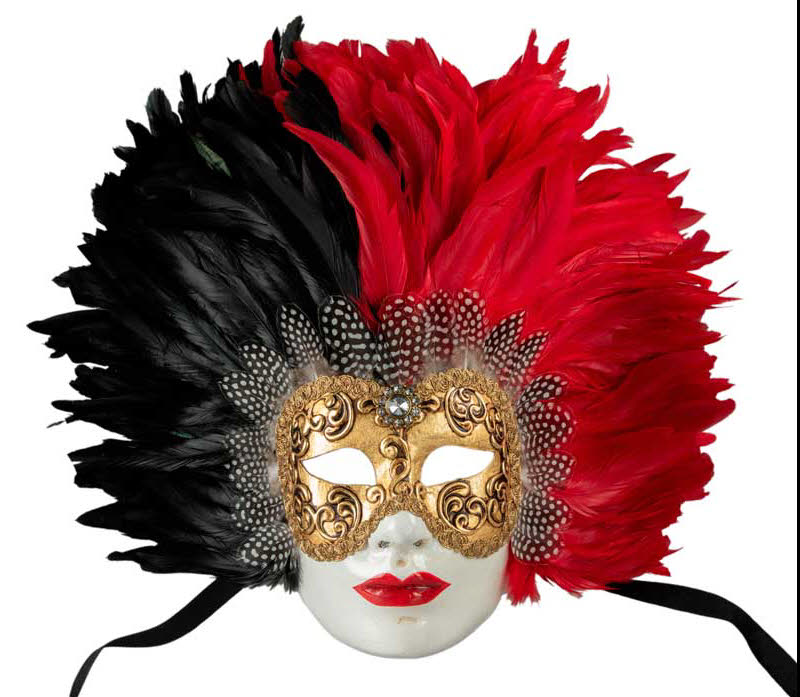 Masque Volto à Plumes de Coq Noir, Rouge et Doré – Artisanat Authentique de Venise