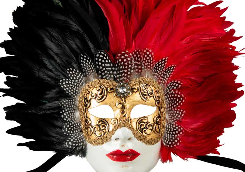 Masque Volto à Plumes de Coq Noir, Rouge et Doré – Artisanat Authentique de Venise