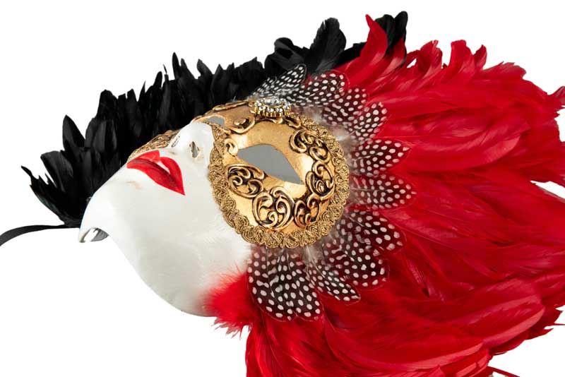 Masque Volto à Plumes de Coq Noir, Rouge et Doré – Artisanat Authentique de Venise