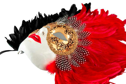 Masque Volto à Plumes de Coq Noir, Rouge et Doré – Artisanat Authentique de Venise