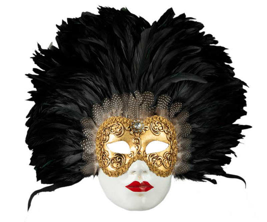 Masque Volto Blanc Doré aux Plumes de Coq Noires – Artisanat Authentique de Venise