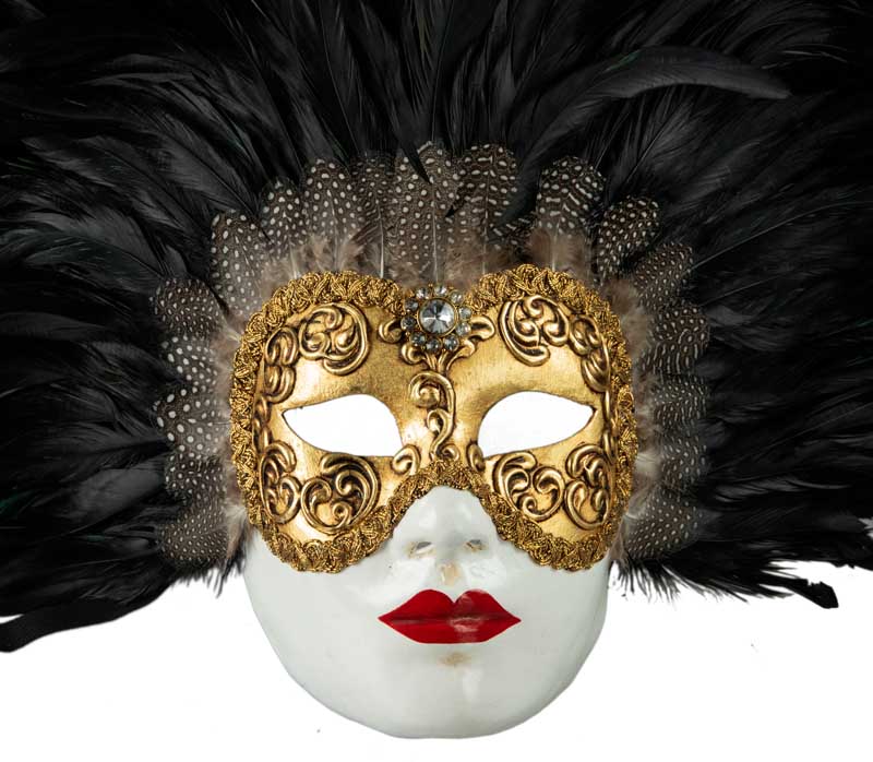Masque Volto Blanc Doré aux Plumes de Coq Noires – Artisanat Authentique de Venise