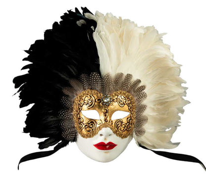 Masque Volto Blanc Doré aux Plumes de Coq Noires et Blanches – Artisanat Authentique de Venise
