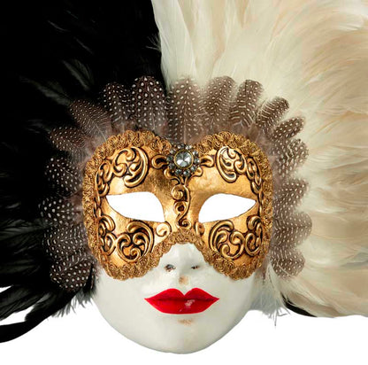 Masque Volto Blanc Doré aux Plumes de Coq Noires et Blanches – Artisanat Authentique de Venise