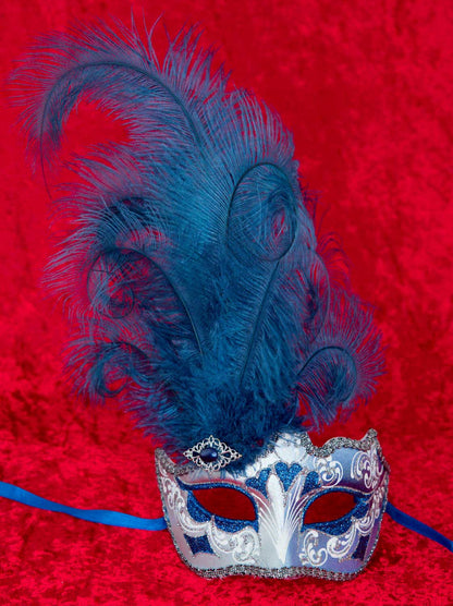Masque Colombine Ondine Bleu Argenté à Plumes – Artisanat Authentique de Venise