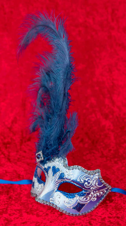 Masque Colombine Ondine Bleu Argenté à Plumes – Artisanat Authentique de Venise