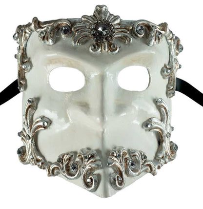 Masque Vénitien Bauta Barocco Argenté et Blanc – Artisanat Authentique de Venise