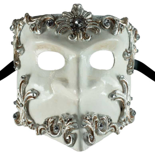 Masque Vénitien Bauta Barocco Argenté et Blanc – Artisanat Authentique de Venise