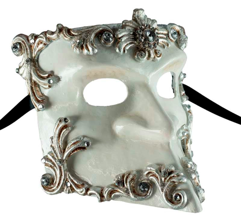 Masque Vénitien Bauta Barocco Argenté et Blanc – Artisanat Authentique de Venise