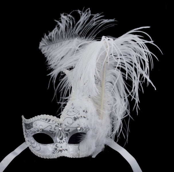 Masque de Venise à Plumes Blanc et Argenté Colombine Ondine – Artisanat Authentique de Venise
