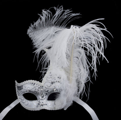 Masque de Venise à Plumes Blanc et Argenté Colombine Ondine – Artisanat Authentique de Venise