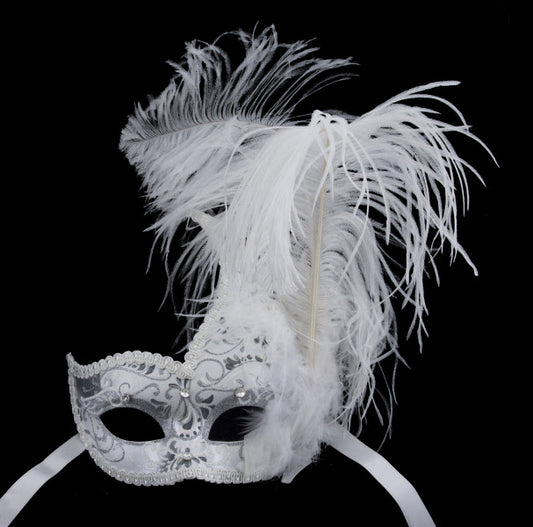 Masque de Venise à Plumes Blanc et Argenté Colombine Ondine – Artisanat Authentique de Venise