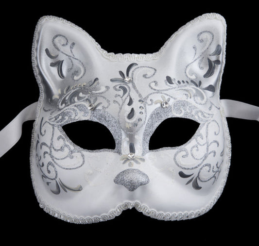 Masque Chat Gatto Argenté Galon et Strass Collection Iceland – Artisanat Authentique de Venise