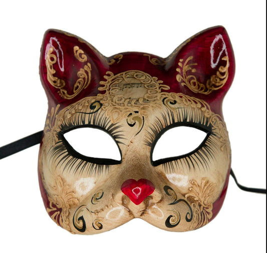 Masque Chat Lady Bordeaux Petit Cœur – Artisanat Authentique de Venise