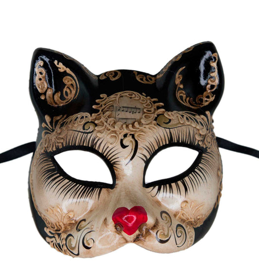 Masque Chat Lady Noir Petit Cœur – Artisanat Authentique de Venise