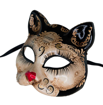 Masque Chat Lady Noir Petit Cœur – Artisanat Authentique de Venise