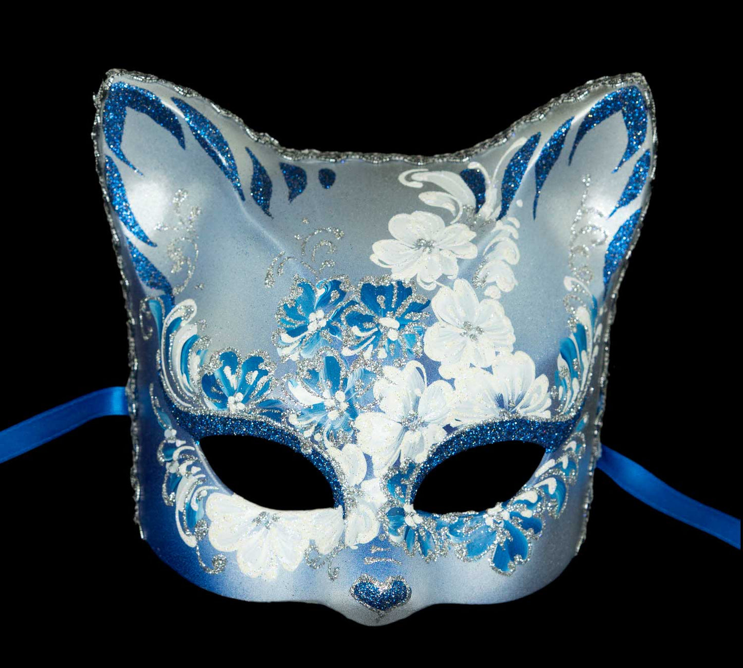 Masque Chat Gatto Fleurs Bleu et Argenté – Artisanat Authentique de Venise
