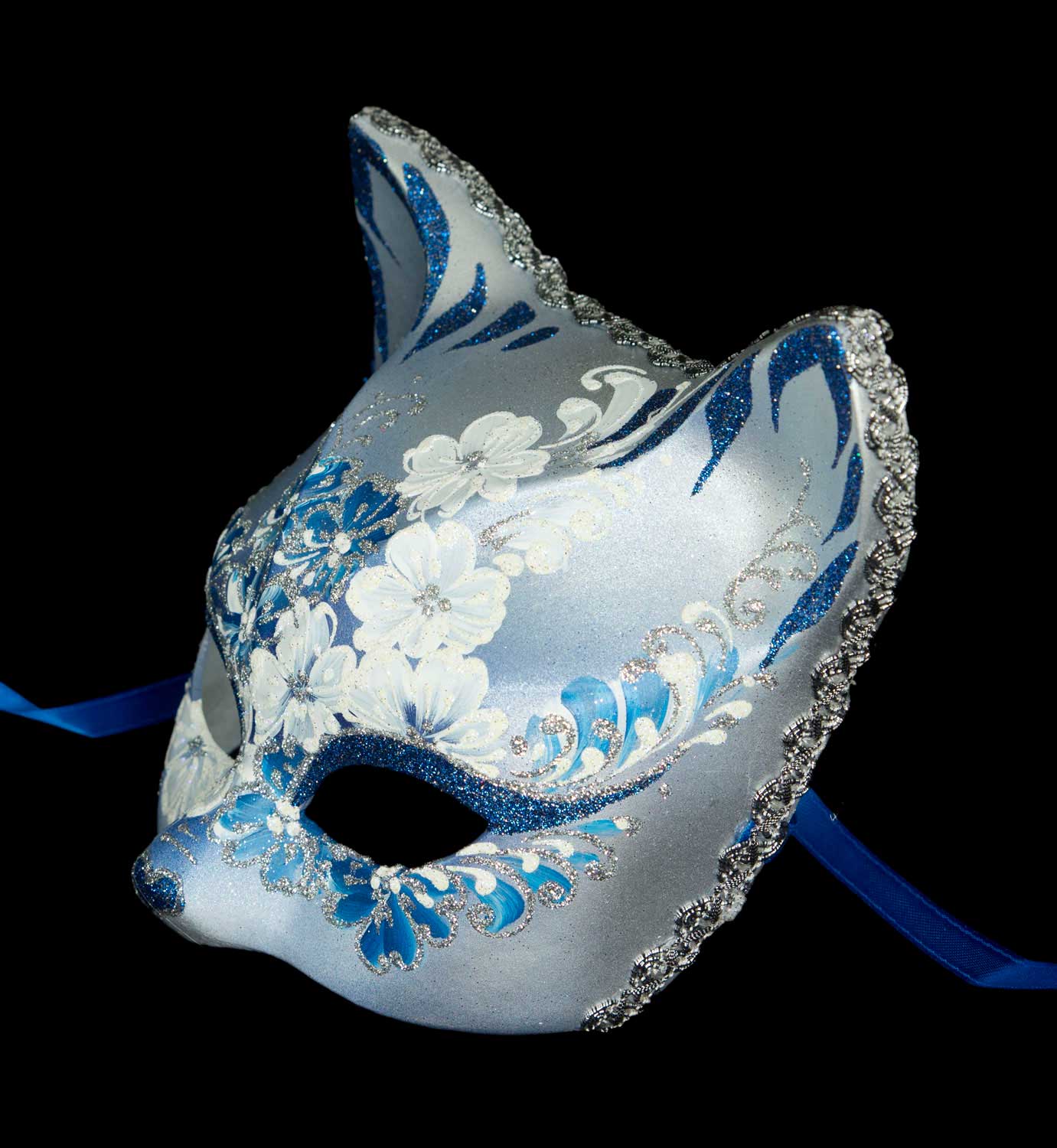 Masque Chat Gatto Fleurs Bleu et Argenté – Artisanat Authentique de Venise