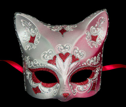 Masque Chat Gatto Argenté Floral Cœur Rouge – Artisanat Authentique de Venise