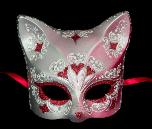 Masque Chat Gatto Argenté Floral Cœur Rouge – Artisanat Authentique de Venise