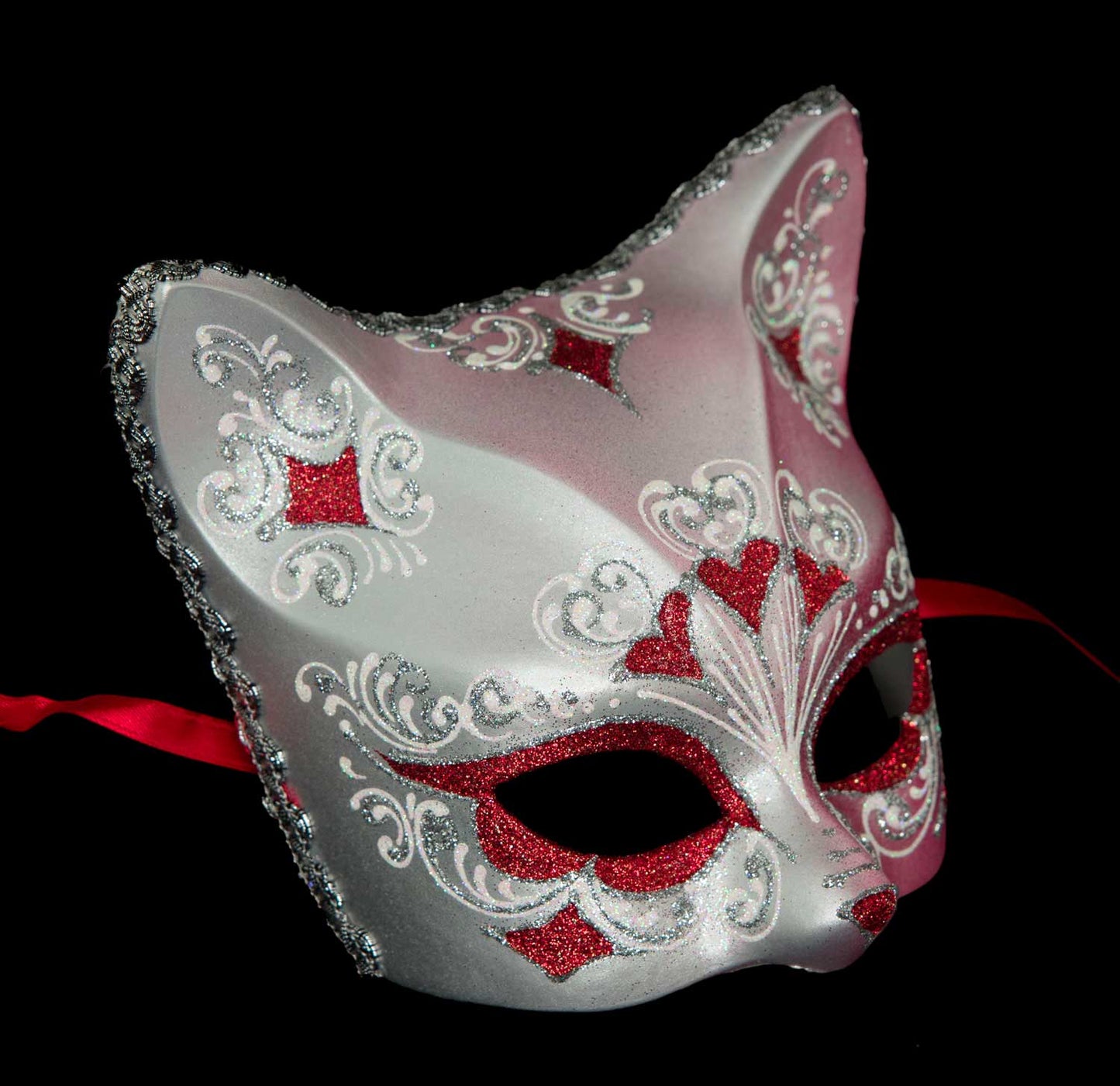 Masque Chat Gatto Argenté Floral Cœur Rouge – Artisanat Authentique de Venise