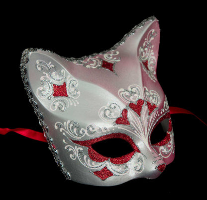 Masque Chat Gatto Argenté Floral Cœur Rouge – Artisanat Authentique de Venise