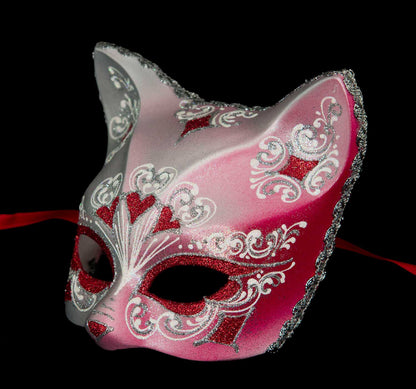 Masque Chat Gatto Argenté Floral Cœur Rouge – Artisanat Authentique de Venise