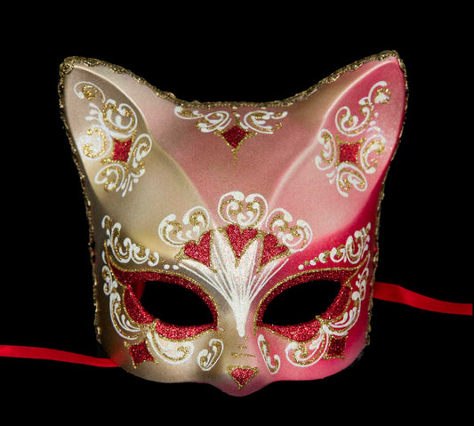 Masque Chat Gatto Doré Floral Cœur Rouge – Artisanat Authentique de Venise
