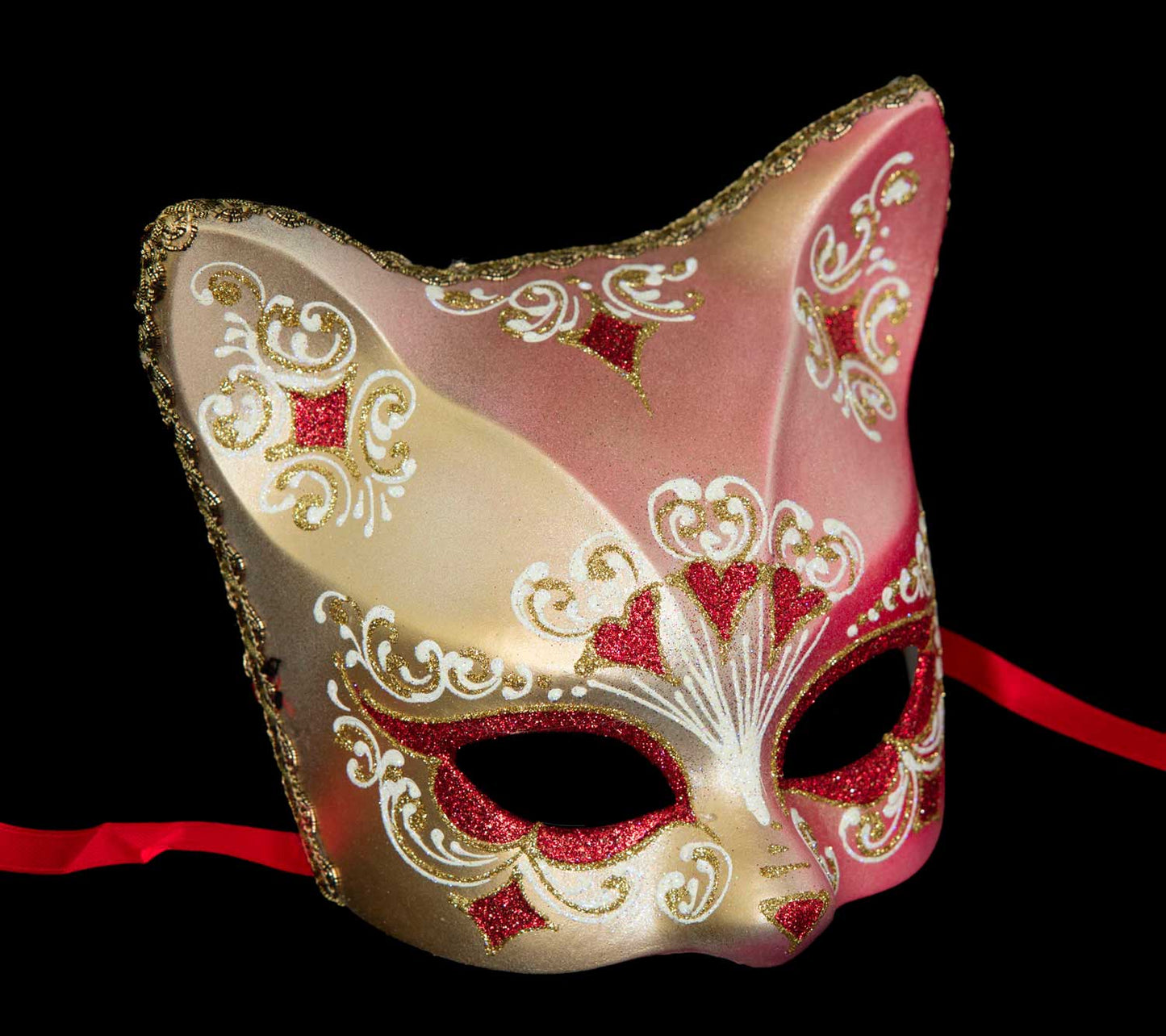 Masque Chat Gatto Doré Floral Cœur Rouge – Artisanat Authentique de Venise