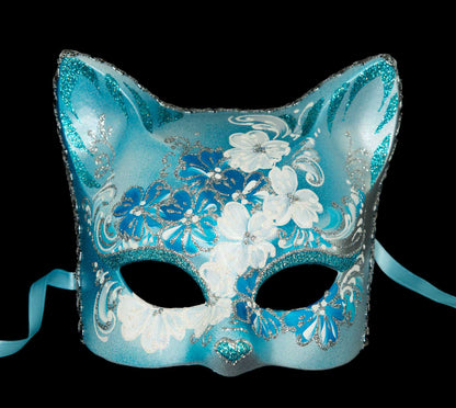 Masque Chat Gatto Fleurs Bleu Ciel et Argenté – Artisanat Authentique de Venise