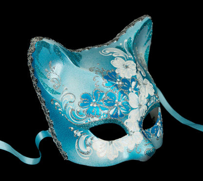 Masque Chat Gatto Fleurs Bleu Ciel et Argenté – Artisanat Authentique de Venise