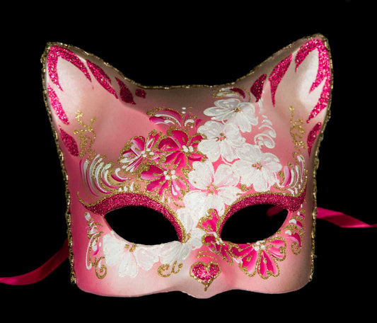 Masque Chat Fleurs Rose et Doré – Artisanat Authentique de Venise