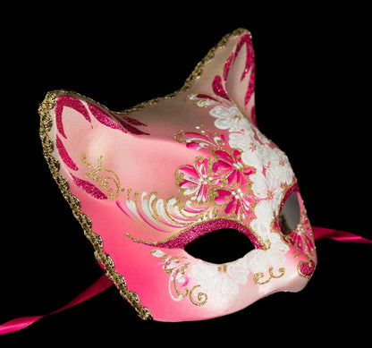 Masque Chat Fleurs Rose et Doré – Artisanat Authentique de Venise