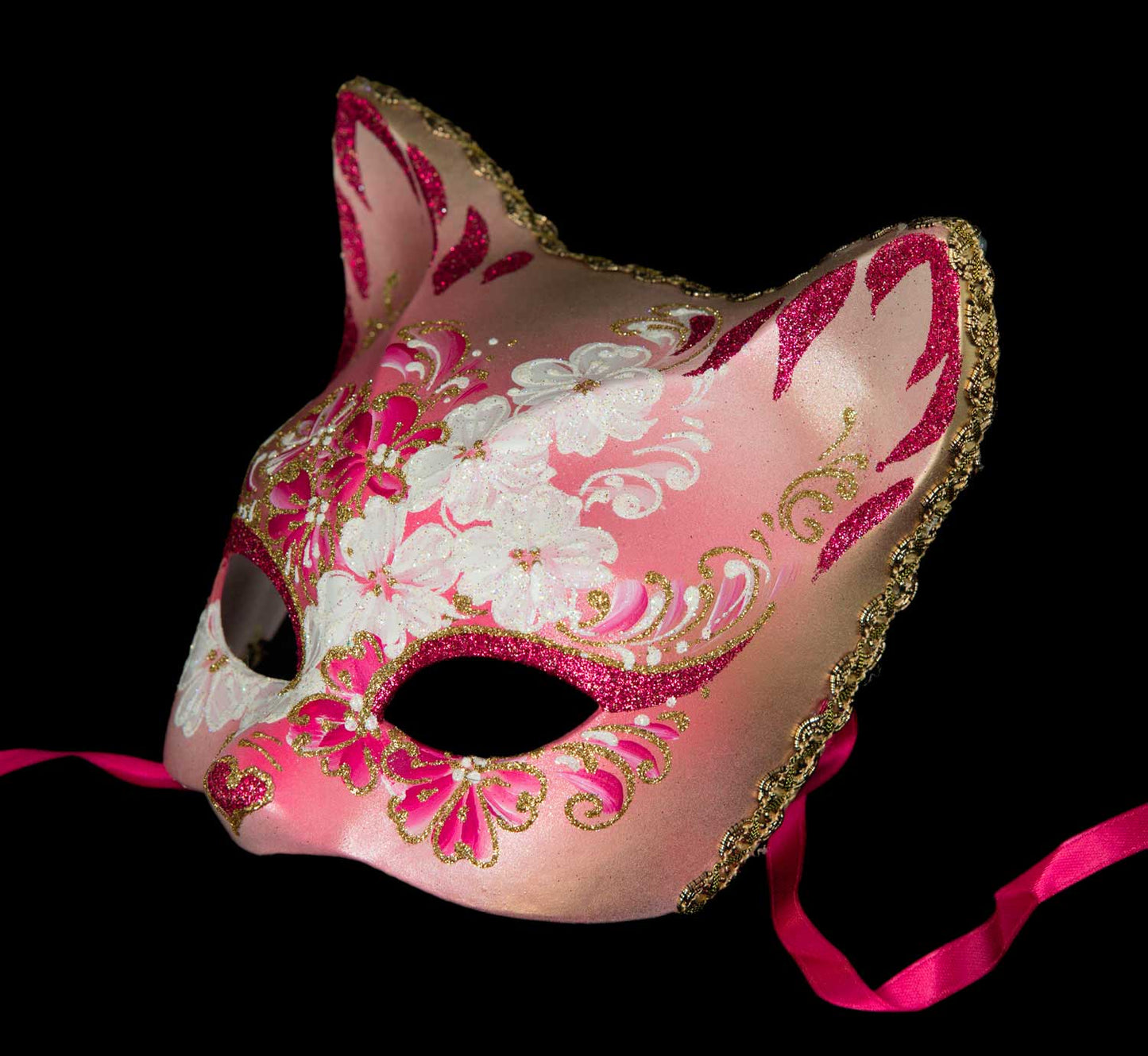 Masque Chat Fleurs Rose et Doré – Artisanat Authentique de Venise