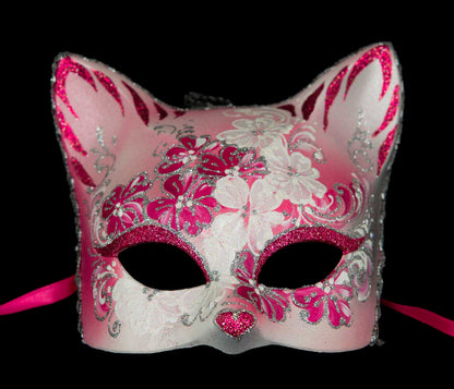 Masque Chat Gatto Fleurs Rose et Argenté – Artisanat Authentique de Venise