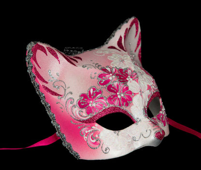 Masque Chat Gatto Fleurs Rose et Argenté – Artisanat Authentique de Venise
