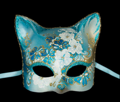 Masque Chat Gatto Fleurs Bleu Ciel et Doré – Artisanat Authentique de Venise