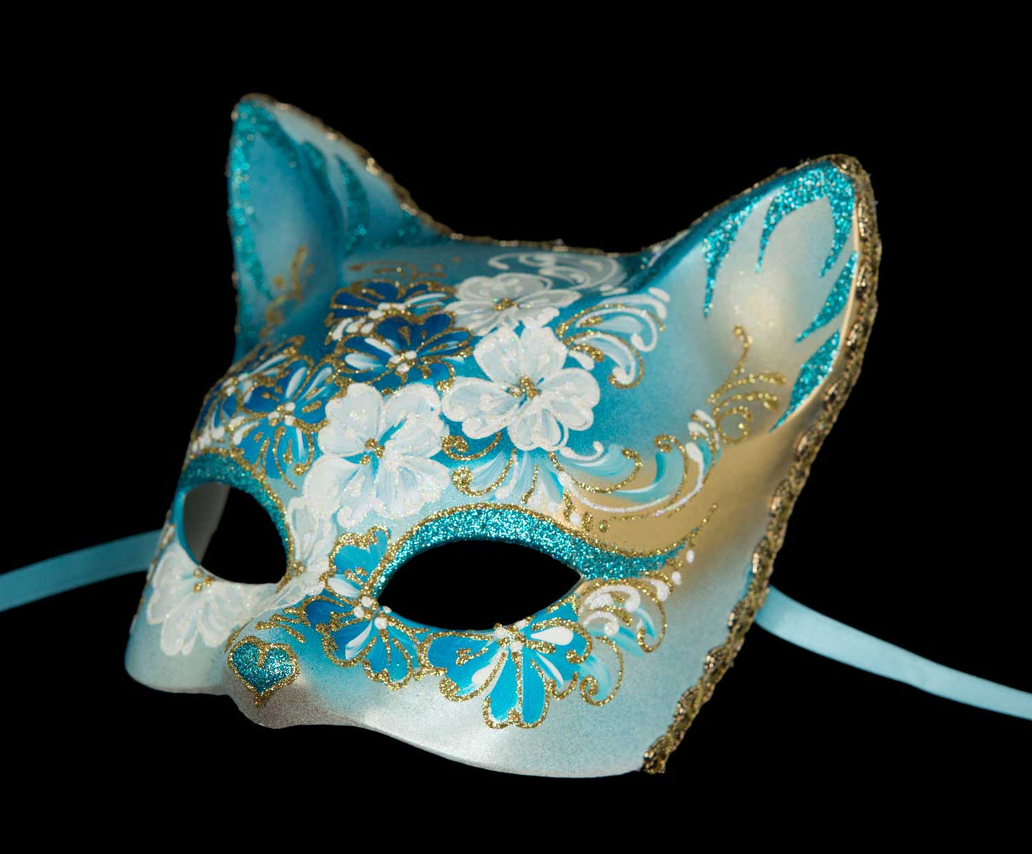 Masque Chat Gatto Fleurs Bleu Ciel et Doré – Artisanat Authentique de Venise