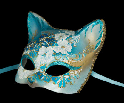 Masque Chat Gatto Fleurs Bleu Ciel et Doré – Artisanat Authentique de Venise
