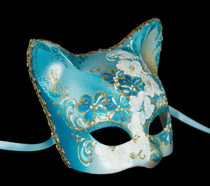 Masque Chat Gatto Fleurs Bleu Ciel et Doré – Artisanat Authentique de Venise