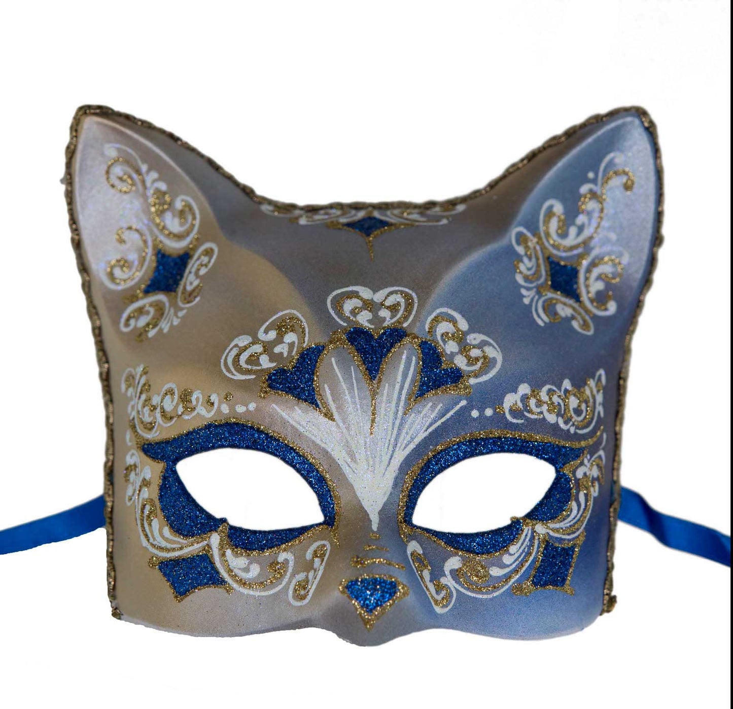 Masque Chat Gatto Doré Floral Cœur Bleu – Artisanat Authentique de Venise