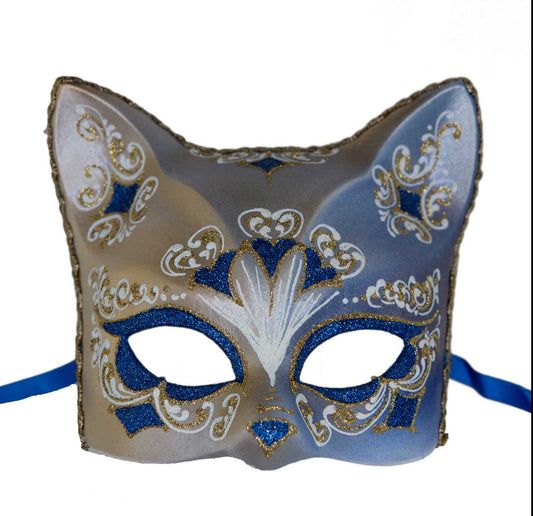 Masque Chat Gatto Doré Floral Cœur Bleu – Artisanat Authentique de Venise