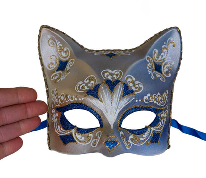 Masque Chat Gatto Doré Floral Cœur Bleu – Artisanat Authentique de Venise