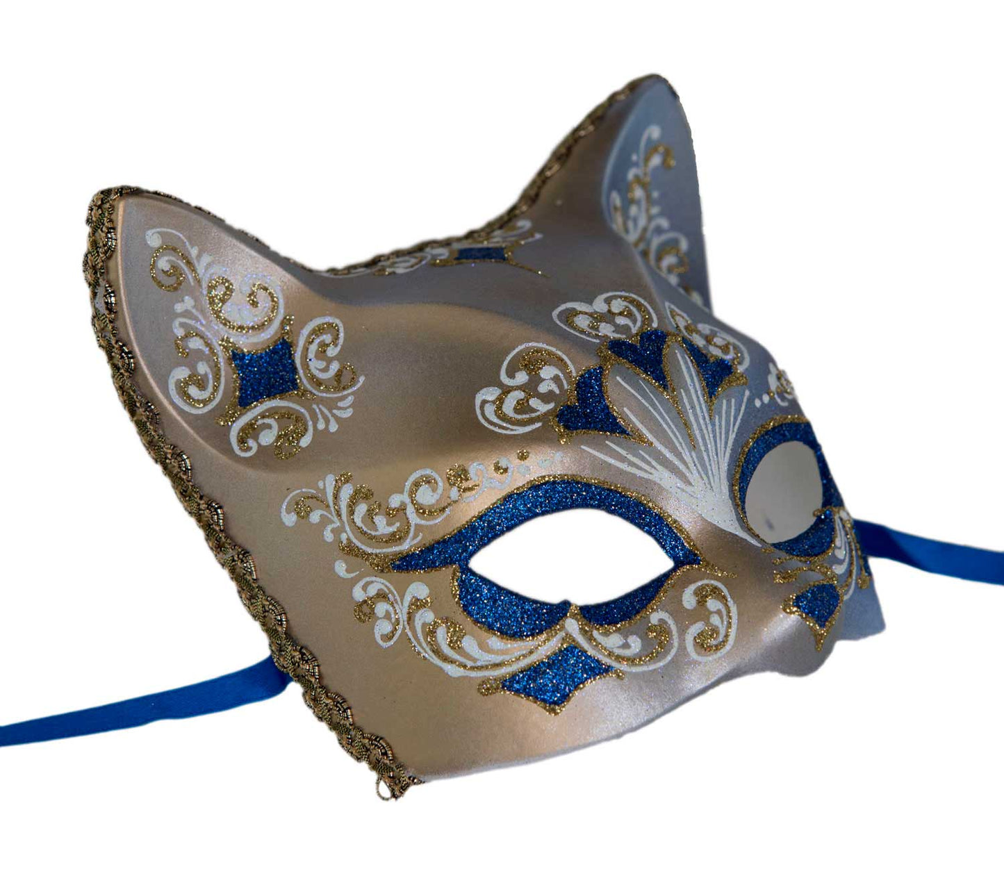 Masque Chat Gatto Doré Floral Cœur Bleu – Artisanat Authentique de Venise