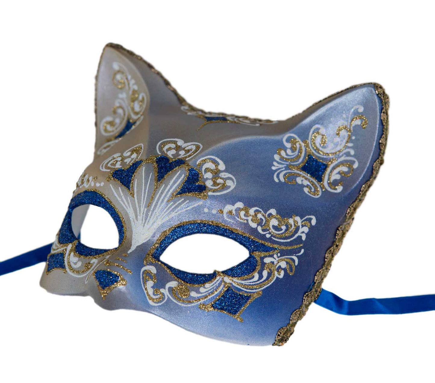 Masque Chat Gatto Doré Floral Cœur Bleu – Artisanat Authentique de Venise