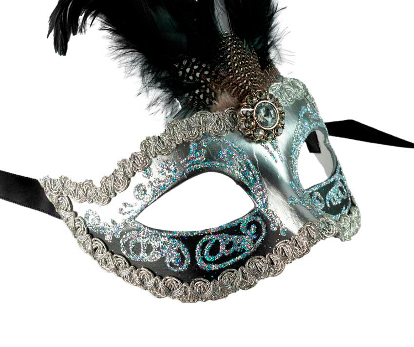 Masque à Pointe Noir et Argenté à Plumes – Artisanat Authentique de Venise