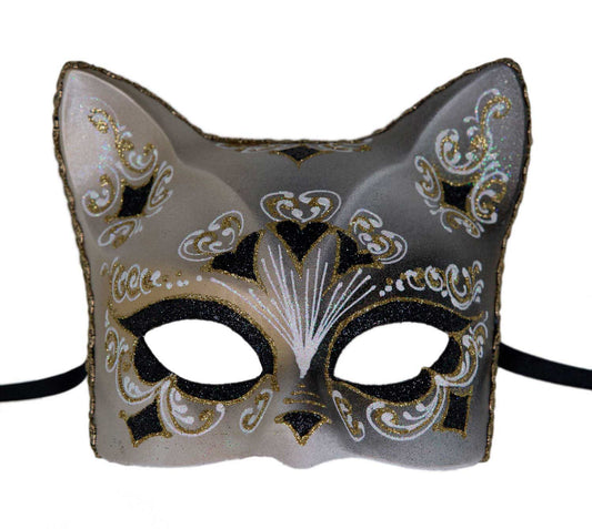 Masque Chat Gatto Doré Floral Cœur Noir – Artisanat Authentique de Venise