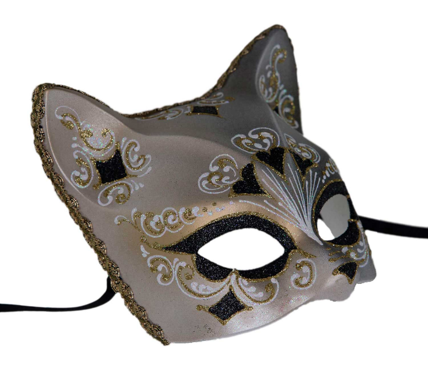 Masque Chat Gatto Doré Floral Cœur Noir – Artisanat Authentique de Venise